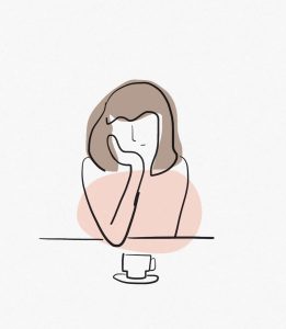Illustration of a woman pausing with coffee, symbolising reflection in therapy.