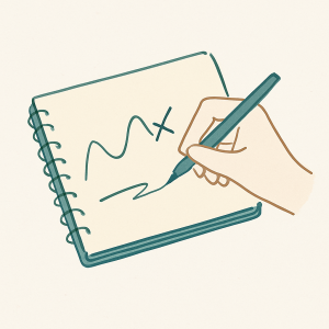 Minimalist illustration of a hand writing in a notebook, symbolising that progress with ADHD and perfectionism doesn’t require perfection — just the courage to keep going.